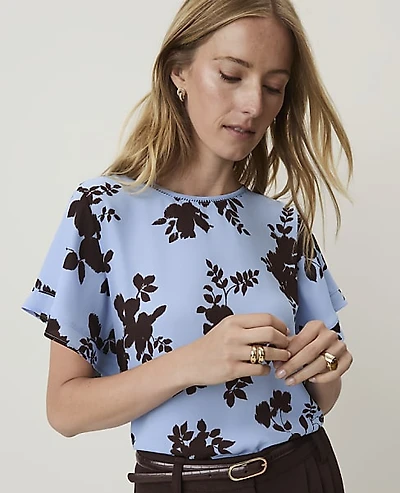 Ann Taylor Petite Floral Mixed Media Flutter Sleeve Top Cheerful Blue Women's