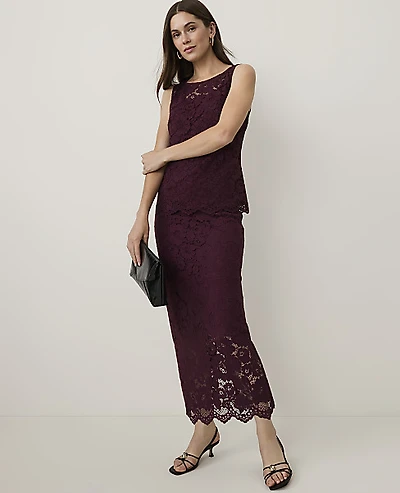 Ann Taylor Petite Column Lace Midi Skirt Poised Plum Women's