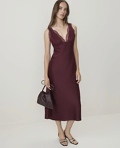 Ann Taylor Petite Lace Trim Satin Midi Slip Dress Purest Plum Women's