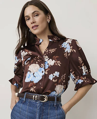 Ann Taylor Petite Floral Ruffle Collar Shirt French Mocha Women's