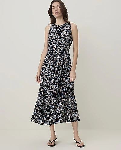 Ann Taylor Petite Weekend Floral Gathered Midi Dress Night Sky Women's