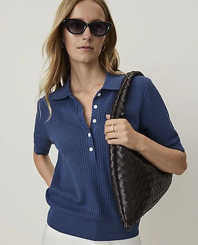 Ann Taylor Weekend Textured Henley Sweater Ink Blue Women's