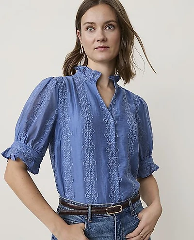 Ann Taylor Petite Embroidered Ruffle Collar Shirt Ocean Oasis Women's