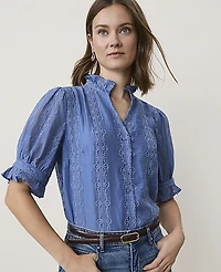 Ann Taylor Petite Embroidered Ruffle Collar Shirt Ocean Oasis Women's