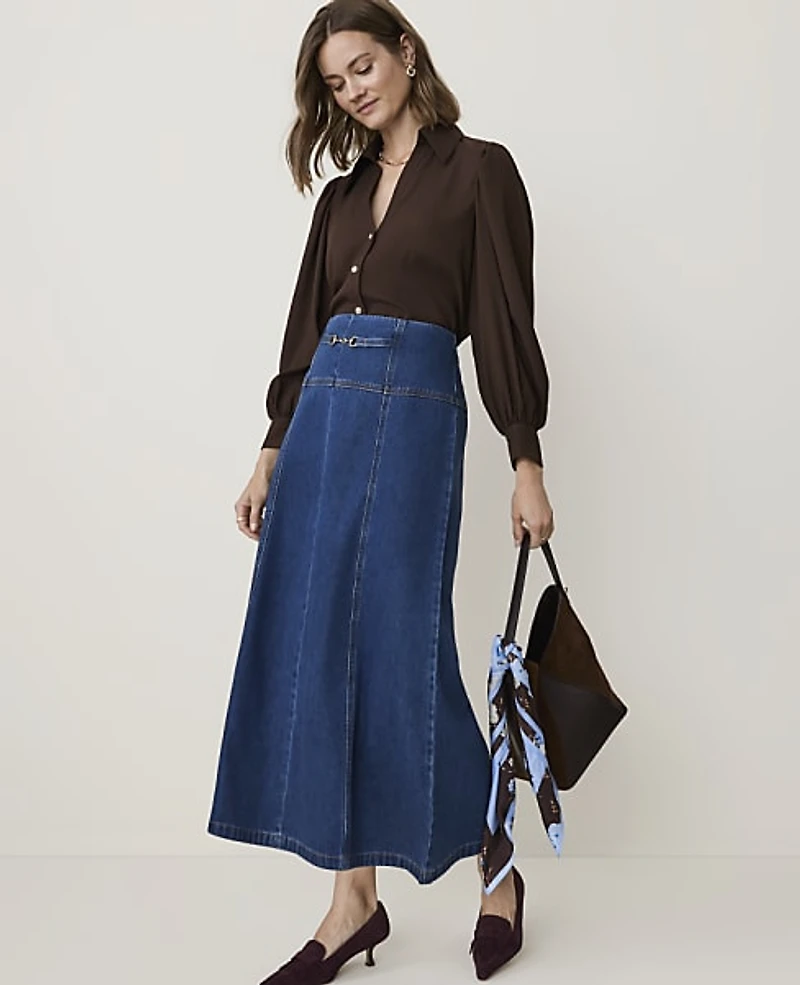 Ann Taylor Petite Horsebit Full Denim Skirt Bright Medium Stone Wash Women's