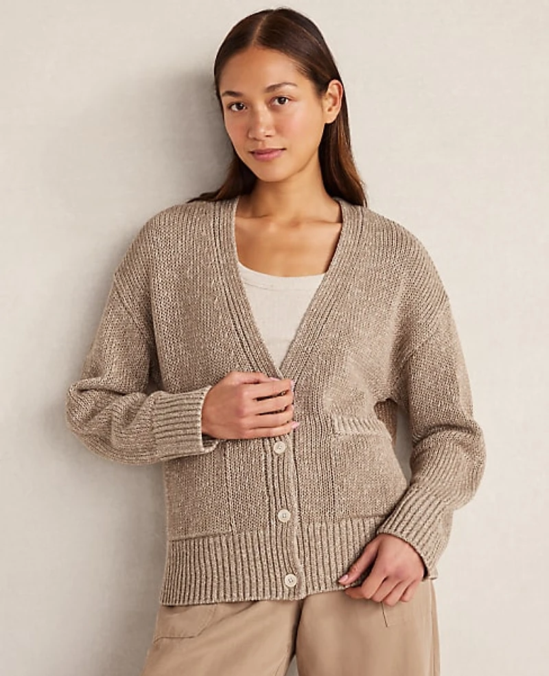 Ann Taylor Haven Well Within Organic Cotton Linen Plaited V-Neck Cardigan Taupe Women's