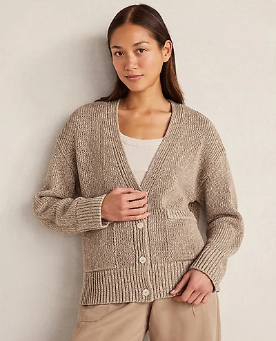 Ann Taylor Haven Well Within Organic Cotton Linen Plaited V-Neck Cardigan Taupe Women's