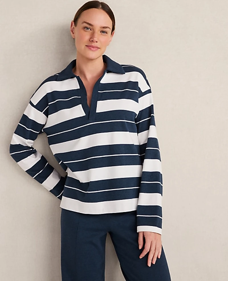 Ann Taylor Haven Well Within Organic Cotton Interlock Stripe Johnny Collar Top Size XL Twilight Wash Women's