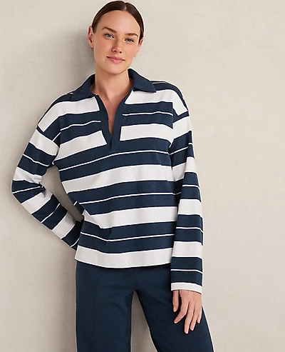 Ann Taylor Haven Well Within Organic Cotton Interlock Stripe Johnny Collar Top Size XL Twilight Wash Women's