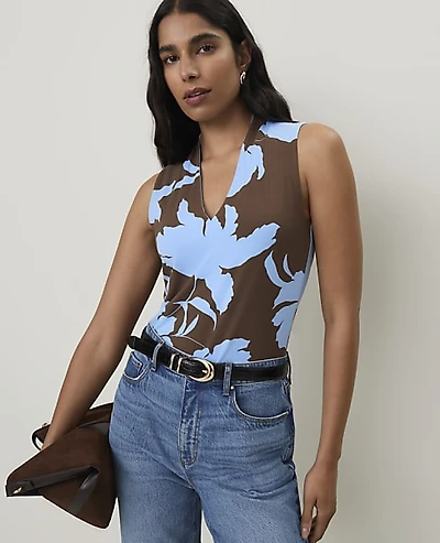Ann Taylor Floral Sleeveless V-Neck Top Light Blue B Women's