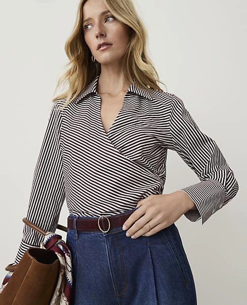 Ann Taylor Striped Wrap Blouse Purest Plum Women's