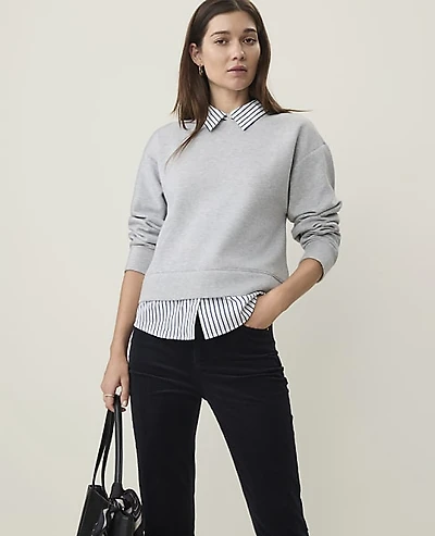 Ann Taylor Weekend Collared Mixed Media Sweatshirt Medium Light Heather Grey Women's
