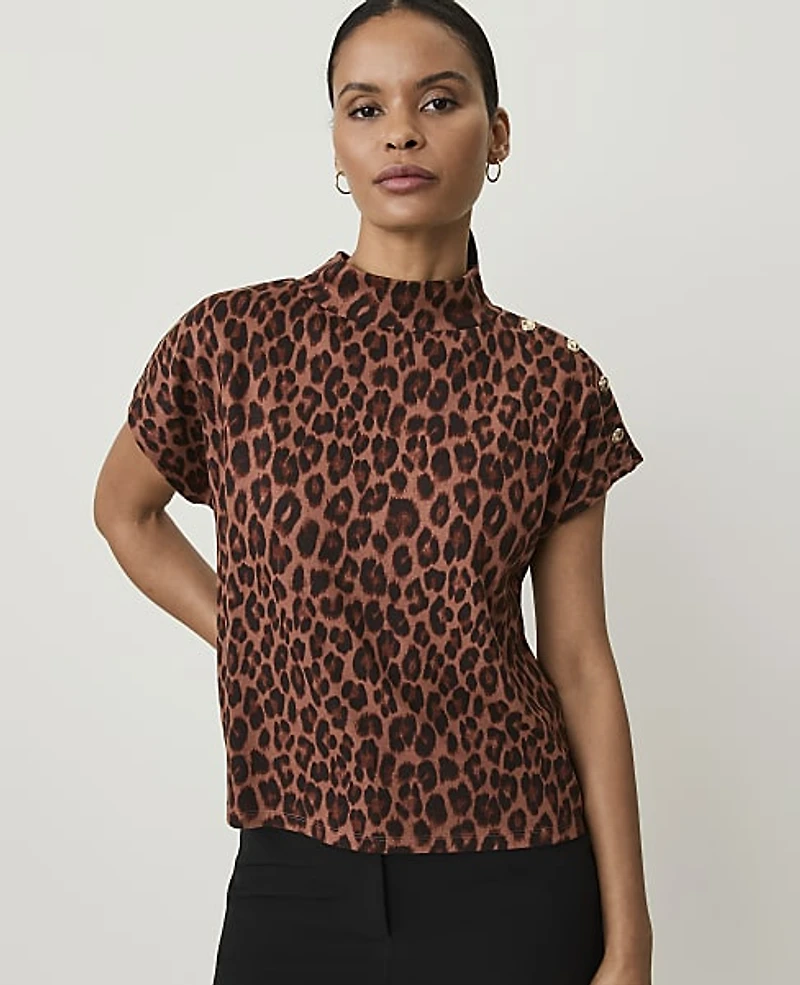 Ann Taylor Petite Animal Print Button Mock Neck Top Brown Women's