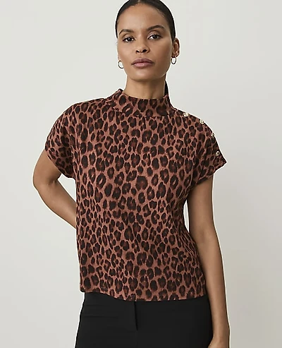 Ann Taylor Petite Animal Print Button Mock Neck Top Brown Women's