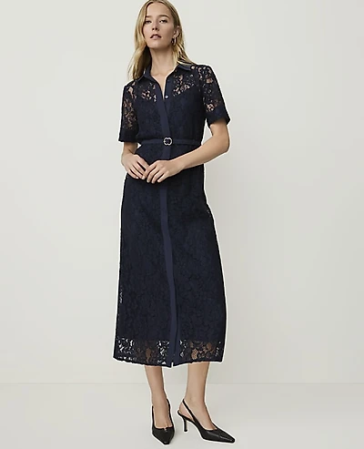 Ann Taylor Petite Belted Lace Midi Shirtdress Night Sky Women's