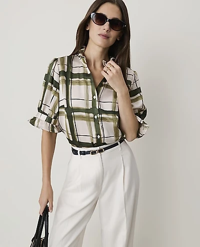 Ann Taylor Plaid Ruffle Collar Shirt Olive Sprig Women's