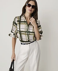 Ann Taylor Plaid Ruffle Collar Shirt Olive Sprig Women's