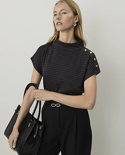 Ann Taylor Houndstooth Mock Neck Top Black Grey Women's