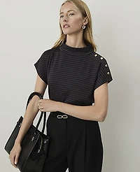 Ann Taylor Houndstooth Mock Neck Top Black Grey Women's