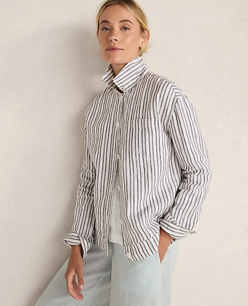 Ann Taylor Haven Well Within Everweave Linen Stripe Boxy Jacket Fresh Coffee Women's