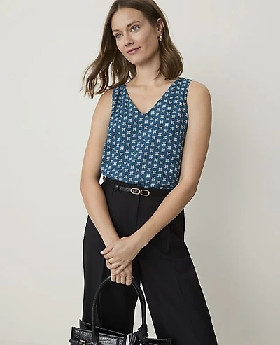 Ann Taylor Petite Floral Mixed Media V-Neck Shell Top Harbor Side Blue Women's