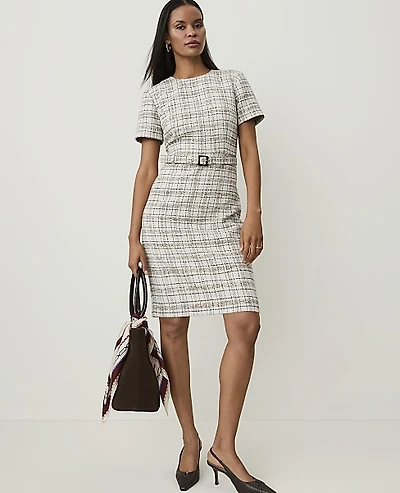 Ann Taylor Belted Sheath Dress Tweed Whipped Cream Multi Women's