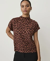 Ann Taylor Animal Print Button Mock Neck Top Brown Women's