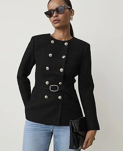 Ann Taylor Petite Belted Jacket Tweed Black Women's