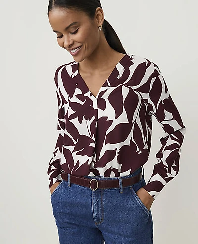 Ann Taylor Floral Pleat Front Top Purest Plum Women's