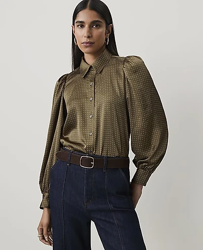 Ann Taylor Petite Dotted Collared Blouson Sleeve Shirt Green Women's