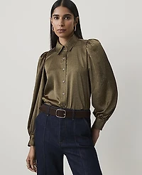 Ann Taylor Petite Dotted Collared Blouson Sleeve Shirt Green Women's
