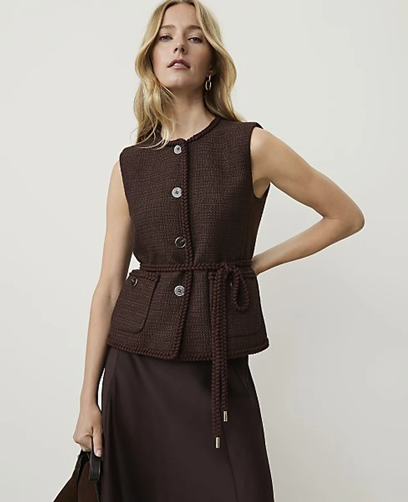 Ann Taylor Belted Vest Tweed French Mocha Women's
