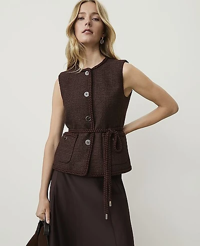 Ann Taylor Belted Vest Tweed French Mocha Women's