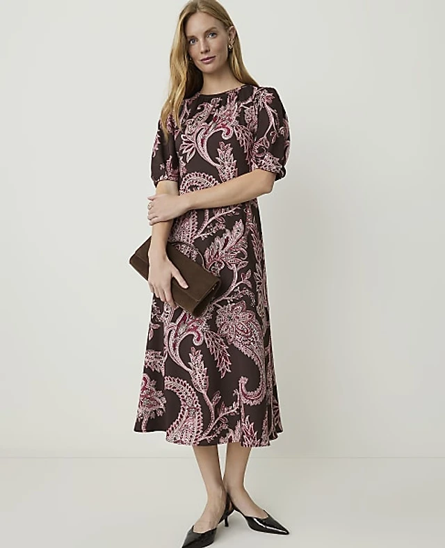 Ann Taylor Petite Paisley Puff Sleeve Midi Dress French Mocha Women's