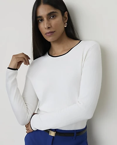 Ann Taylor Petite Tipped Essential Crew Neck Sweater Winter White Women's