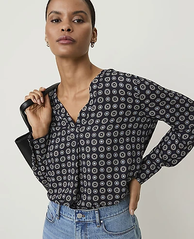Ann Taylor Geo Print Mixed Media Pleat Front Top Night Sky Women's