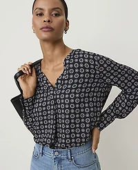 Ann Taylor Geo Print Mixed Media Pleat Front Top Night Sky Women's