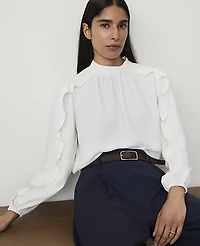 Ann Taylor Petite Mock Neck Ruffle Trim Blouse Winter White Women's