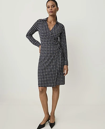 Ann Taylor Petite Geo Print Collared Wrap Midi Dress Night Sky Women's