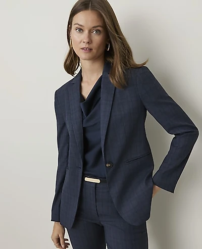Ann Taylor The Plaid Single Button Blazer Blue Combo Fancy Check Women's