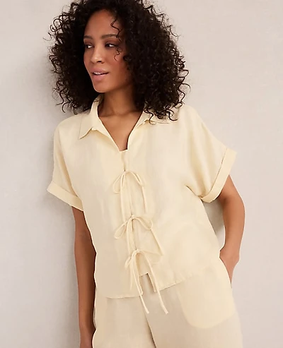 Ann Taylor Haven Well Within Linen Tie-Front Top Soft Beige Women's