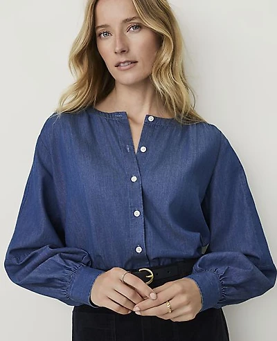 Ann Taylor Weekend Crew Neck Blouse Chambray Women's