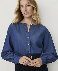 Ann Taylor Weekend Crew Neck Blouse Chambray Women's