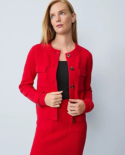 Ann Taylor Ribbed Sweater Jacket Iconic Red Women's