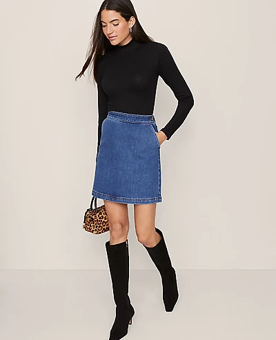 Ann Taylor Weekend Button Waist Denim Skirt Size 14 Classic Indigo Wash Women's