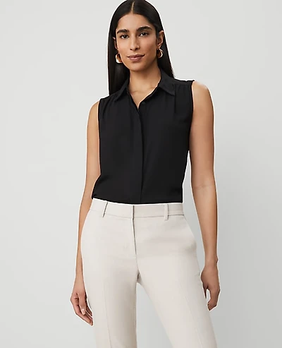 Ann Taylor Petite Shirred Yoke Sleeveless Shirt Black Women's