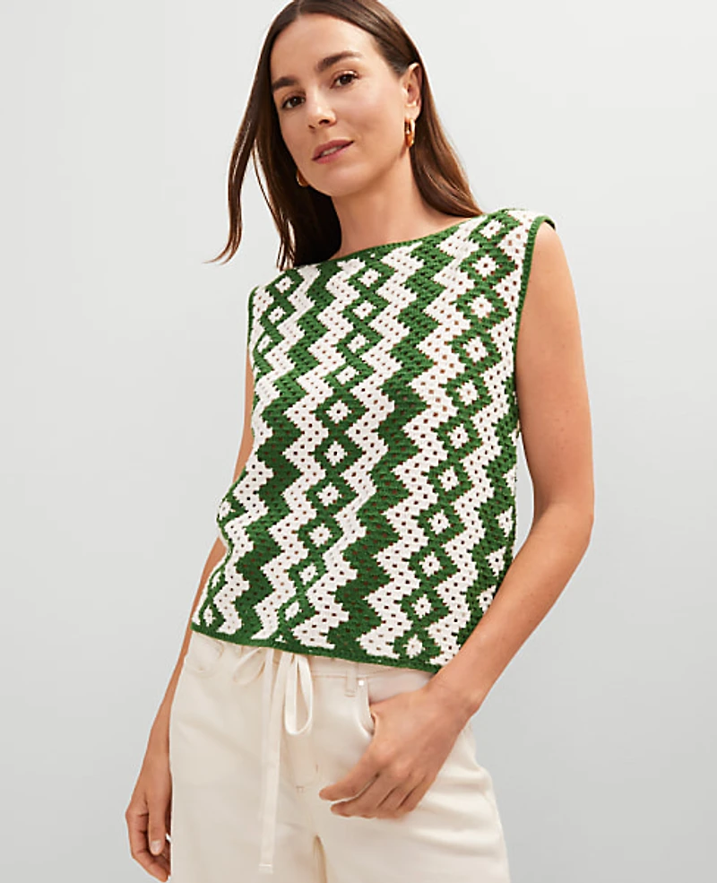 Ann Taylor Petite Geo Crochet Sweater Shell Top Size XS Green/White Combo Women's