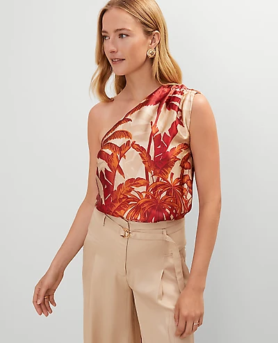 Ann Taylor Studio Collection Silk One-Shoulder Top in Tropical Print Size Medium Seedpearl Women's
