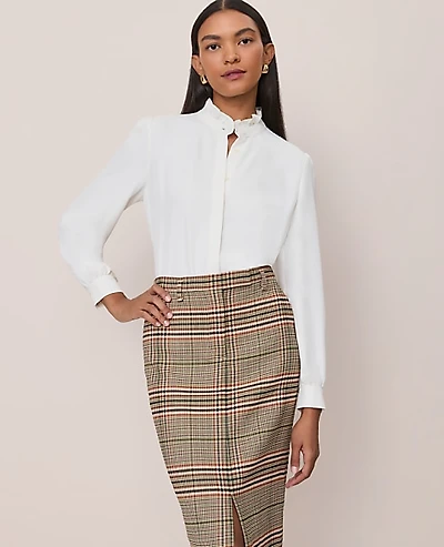 Ann Taylor Ruffle Neck Satin Blouse Winter White Women's