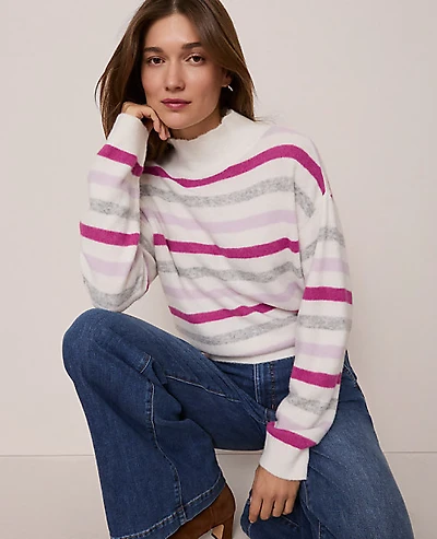 Ann Taylor Weekend Striped Turtleneck Sweater Dahlia Mauve Women's